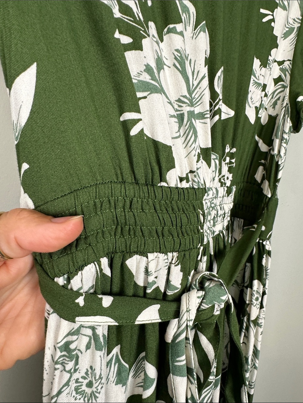 Patrons of Peace Olive Green White Floral faux Wrap Maxi Dress boho Cottagecore - Picture 9 of 11